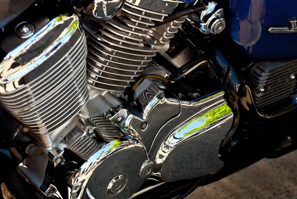 Motorcycle engine closeup. chrome engine parts. Shiny smooth details.