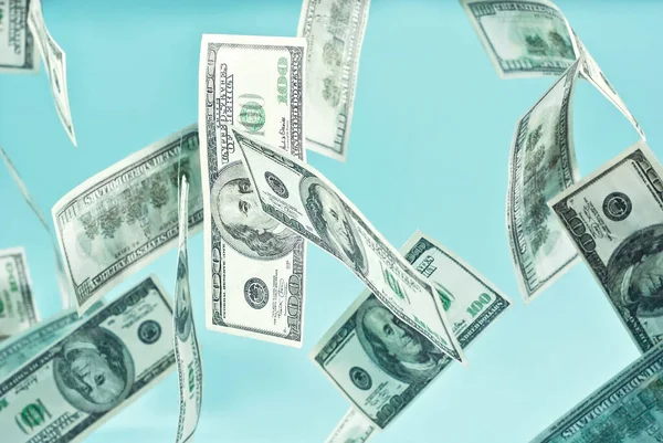 Billetes Dólar Verde Sobre Fondo Azul Cierran Billetes 100 Dólares — Foto de Stock
