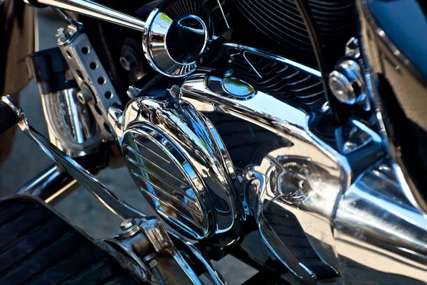 Двигун Мотоцикла Крупним Планом Хромовані Деталі Двигуна Блискучі Гладкі Деталі — стокове фото