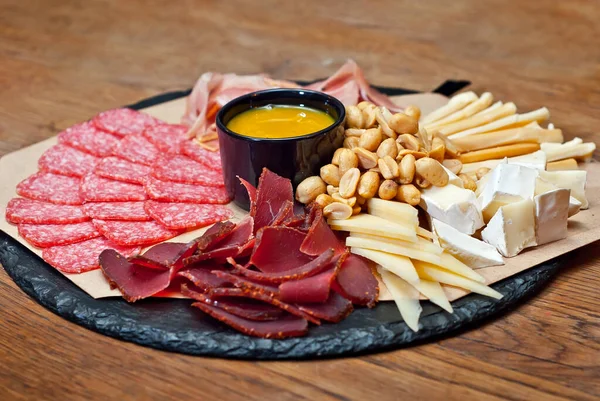 Assorted Meat Plate Close Different Types Meat Cheese Pile Appetizer — Stock Photo, Image