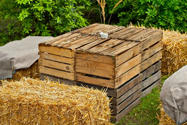 Table Made Wooden Boxes Chairs Benches Made Sheaves Hay Outdoor — 스톡 사진