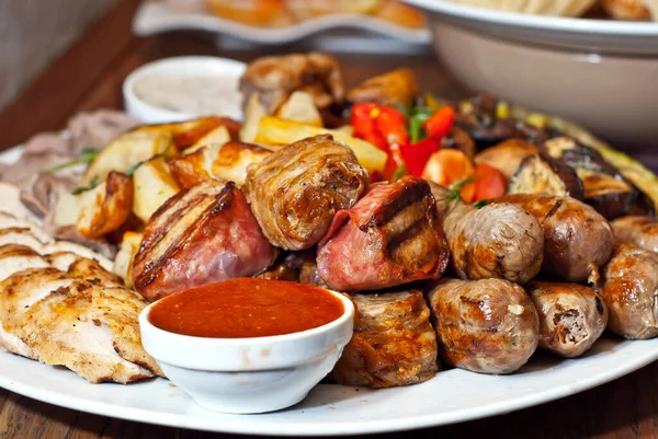 Assorted Meat Plate Close Different Types Meat Potatoes Heap Appetizer — Stock Photo, Image