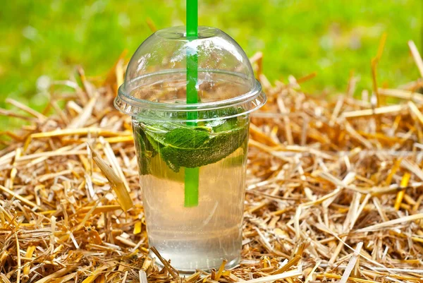 Grüner Mojito Vor Dem Hintergrund Der Natur Cocktail Mit Limette — Stockfoto