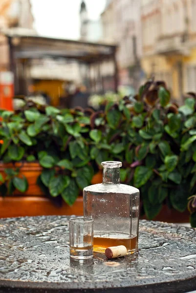 Bottle Alcohol Glass Empty Table Concept Alcoholism Loneliness Depression Old — Stock Photo, Image