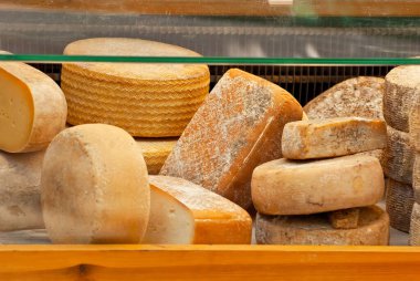 Masadaki peynirin farklı çeşitleri. Birçok peynir bir tarım fuarında satılır. Doğal ev ürünü.