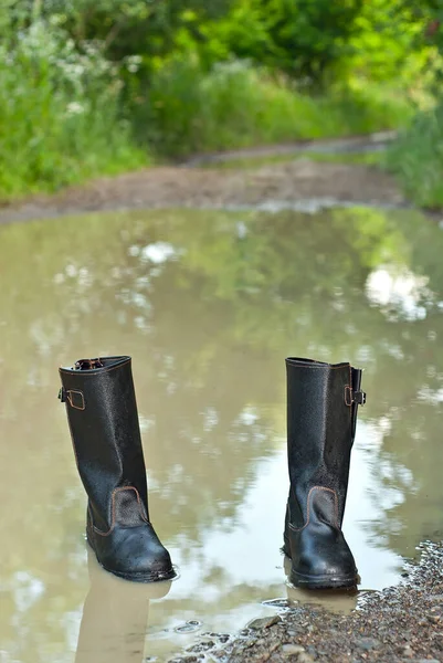 Black Rubber Boots Close Boots Swamp Dirt Concept Cleanliness Ecology — Stock Photo, Image