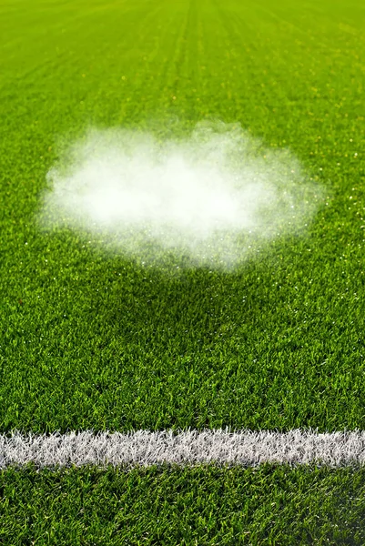 Soccer field texture close up. Grass in the stadium. Finely mown lawn for sports grounds. A white cloud flies over the football field.