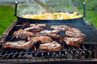 Izgarada et dilimleri. Festivalde barbekü. Şişte peynir ve kızarmış dana eti..
