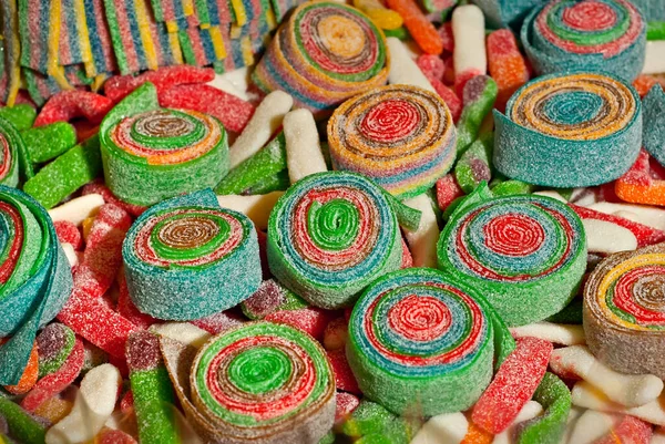 Sokszínű Cukorkák Textúrája Sweets Egy Halom Közeli Édességbolt Ablaka — Stock Fotó