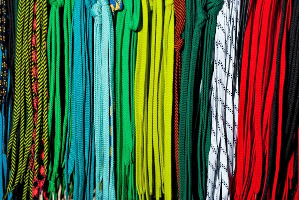 Multicolored Ropes Store Counter Display Bright Colorful Shoe Laces Shop — Stock Photo, Image