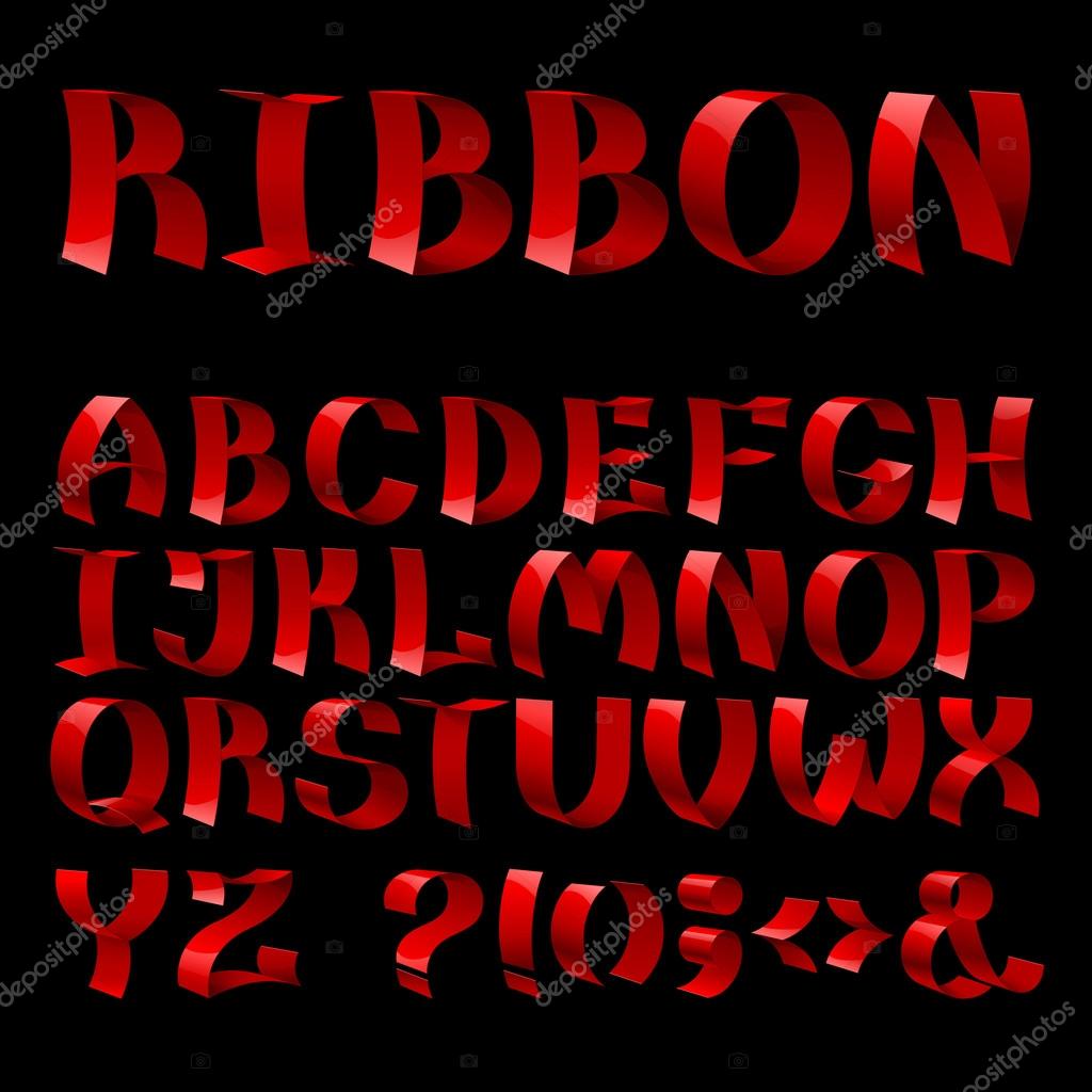 Set Of Isolated Red Color Curled Shiny Ribbon Font Alphabet Letters On