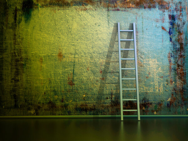 Dirty grunge wall with wooden ladder
