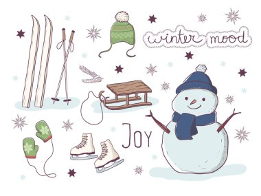 Kawaii 'nin el yapımı kış çizimleri. Şirin kardan adam, eldivenler, şapka, kayak, kızaklar, kar taneleri, patenler. Kış havası ve sevinç mektupları.