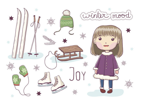 Векторный набор зимней иллюстрации Кавайи ручной работы. Милая маленькая девочка, варежки, шляпа, лыжи, сани, снежинки, коньки. Зимнее настроение и радость написания.