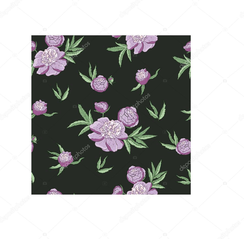 Seamless floral pattern with pink peonies on an tidewater green background.