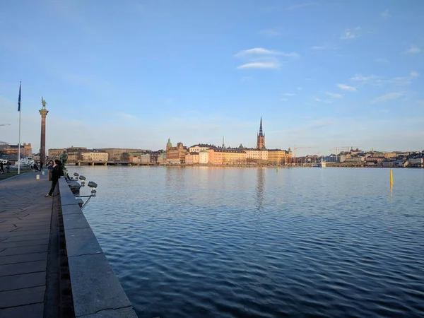 Stockholm April 2019 Utsikten Över Riddarholmen Från Vattnet Vid Solnedgången — Stockfoto