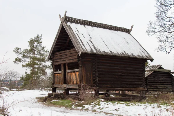 Stockholm Suède Décembre 2018 Vue Extérieure Bâtiment Bois Hiver Skansen — Photo