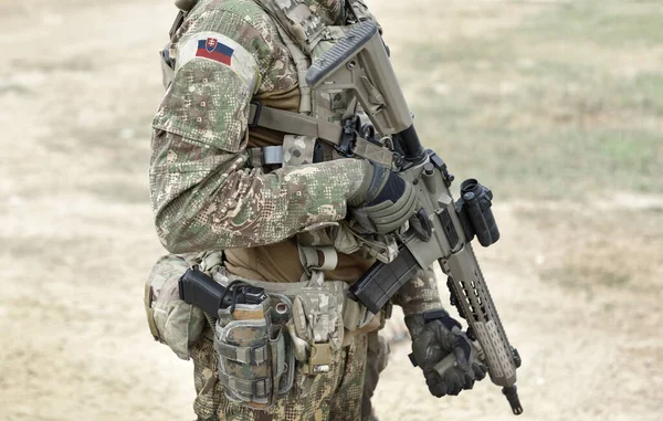 Soldado Com Espingarda Assalto Bandeira Eslováquia Uniforme Militar Colagem — Fotografia de Stock