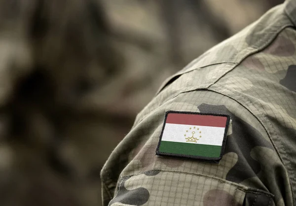 Bandera Tayikistán Con Uniforme Militar Ejército Fuerzas Armadas Soldados Collage — Foto de Stock