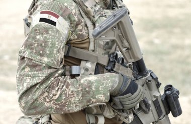 Askeri üniformalı, saldırı tüfeği ve Mısır bayrağı taşıyan asker. Kolaj. 