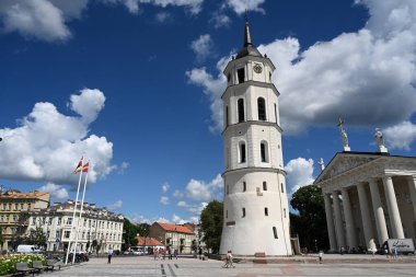 Vilnius, Litvanya - 22 Temmuz 2024: Vilnius Katedrali Çan Kulesi ve St. Stanislaus Katedrali Bazilikası ve St. Ladislaus.
