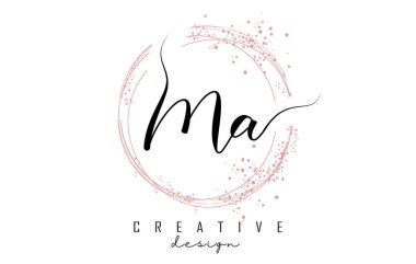 El yazısıyla Ma M M Pembe parıltılı parlak daireler çizen bir mektup logosu. M ve A harfleriyle dekoratif vektör çizimi.