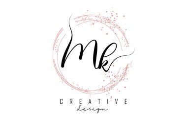 Handwritten MK M K letter logo with sparkling circles with pink glitter. Decorative vector illustration with M and K letters. clipart