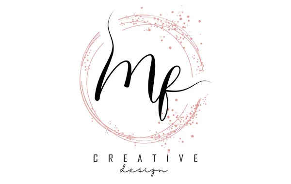 ピンクの輝きと輝く円と手書きのMf F文字のロゴ MとFの文字で装飾ベクトルイラスト — ストックベクタ