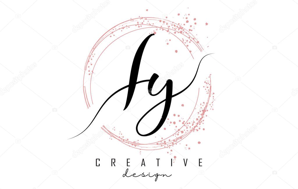 Handwritten IY I Y letter logo with sparkling circles with pink glitter. Decorative vector illustration with I and Y letters.