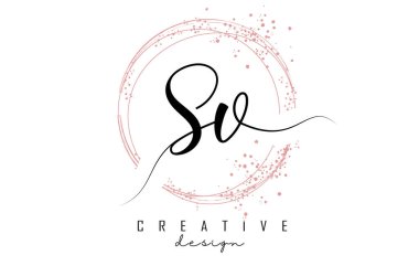 El yazısıyla SV S V harfi logosu. Pembe parıltılı parlak daireler. S ve V harfleriyle dekoratif vektör çizimi.