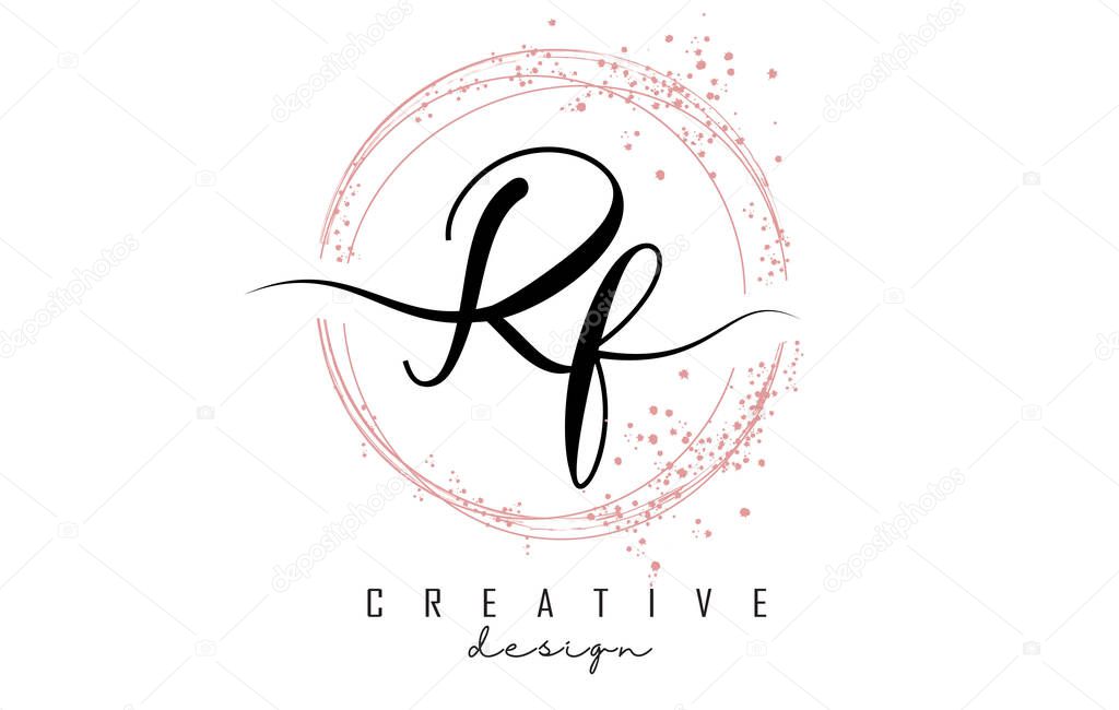 Handwritten RF R F letter logo with sparkling circles with pink glitter. Decorative vector illustration with R and F letters.