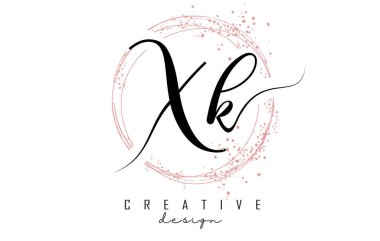 El yazısıyla XK X K harfi logosu. Pembe pırıltılı parlak daireler. X ve K harfleriyle dekoratif vektör çizimi.