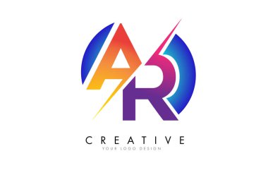 Renkli AR A R Harfi Logo Tasarımı Yaratıcı Kesim ve Gradyan Mavi Arkaplan. Yaratıcı Turuncu ve Pembe AR R simgesi.