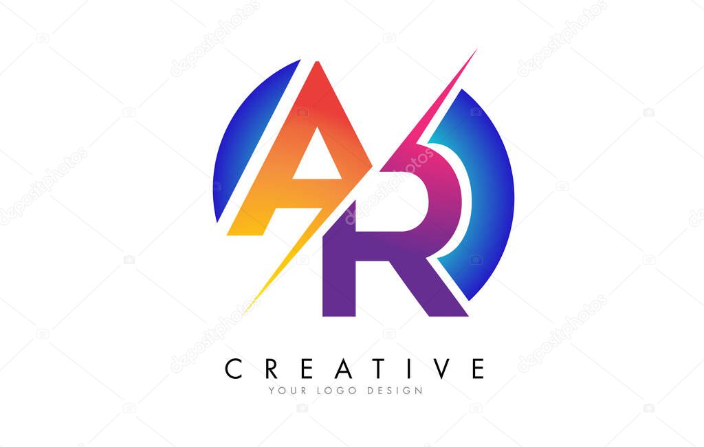 Colorful AR A R Letter Logo Design with a Creative Cut and Gradient Blue Background. Creative Orange and Pink AR A R icon.