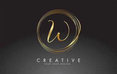 Minimalist tasarımı olan el yazısıyla yazılmış W Altın Harfleri Logosu. Yuvarlak Altın Daireli W Simgesi. W harfli yaratıcı pul vektörü illüstrasyonu.