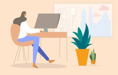 Evinde şehir manzaralı bir bilgisayarla çalışan bir kadın. Serbest çalışma, evden çalışma, çevrimiçi öğrenim, eğitim, iş, sosyal medya veya kurumsal kavramlar için düz stil vektör illüstrasyon karakteri.