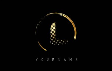 Altın L harfi logo tasarımı, altın noktalar ve siyah arkaplanda daire şeklinde çerçeve. Altın renkli ve L harfli yaratıcı vektör çizimi.