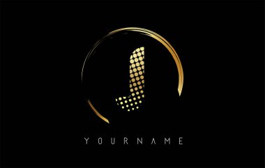 Altın harfli logo tasarımı, altın noktalar ve siyah arkaplanda daire şeklinde çerçeve. Altın renkli ve J harfli yaratıcı vektör çizimi.