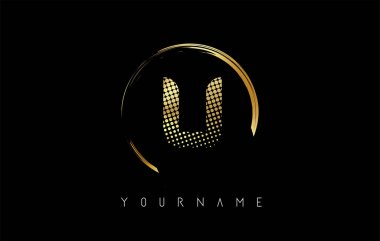 Altın harfli logo tasarımı, altın noktalar ve siyah arkaplanda daire şeklinde çerçeve. Altın renkli ve U harfli yaratıcı vektör illüstrasyonu.