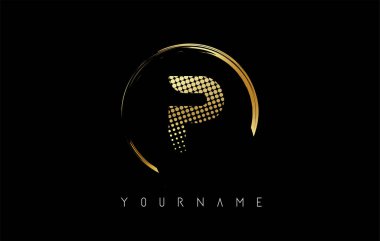 Altın harfli logo tasarımı, altın noktalar ve siyah arkaplanda daire şeklinde çerçeve. Altın rengi ve P harfi ile yaratıcı vektör çizimi.