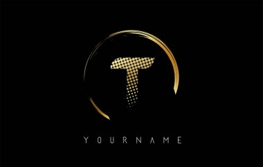 Altın harfli logo tasarımı, altın noktalar ve siyah arkaplanda daire şeklinde çerçeve. Altın rengi ve T harfi ile yaratıcı vektör çizimi.