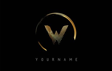Altın harfli logo tasarımı, altın noktalar ve siyah arkaplanda daire şeklinde çerçeve. Altın renkli ve W harfli yaratıcı vektör çizimi.