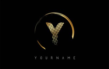 Altın harfli logo tasarımı, altın noktalar ve siyah arkaplanda daire şeklinde çerçeve. Altın renkli ve Y harfli yaratıcı vektör çizimi.