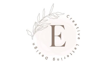 E harfi logosu suluboya fırça ve daire şeklinde harf dizaynı ve Pastel renklerinde yapraklar. B harfi ile yaratıcı vektör illüstrasyonu.