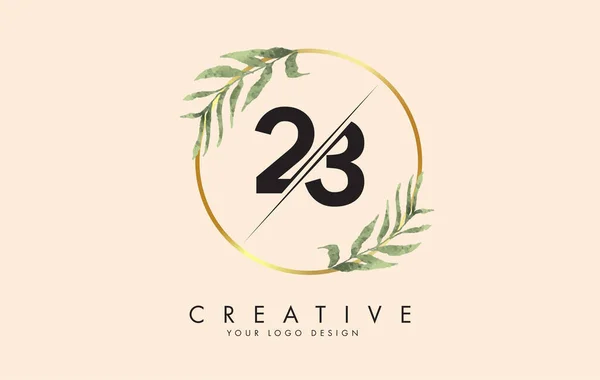 Numbers 23 2 3 logo design with golden circles and green leaves on branches around. Vector Illustration with numbers 2 and 3 for personal branding, corporate, business, eco friendly or natural products.
