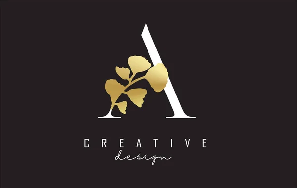 Kreatives Weißes Letter Logo Design Mit Goldenen Blättern Vektorillustration Mit — Stockvektor