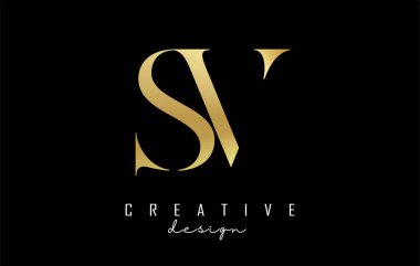 Serif yazı tipi ve zarif stili olan Altın SV v harfli logo tasarımı kavramı. S ve V harfli vektör illüstrasyon simgesi.