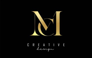 Golden MC m c letter design logo logotype concept with serif font and elegant style. Vector illustration icon with letters M and C. clipart