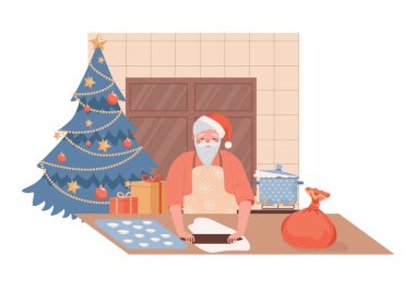 Sevimli ve sakin Noel Baba karakteri Noel yemeği pişirme vektörü düz çizim. Dekorasyonlu mutfak..