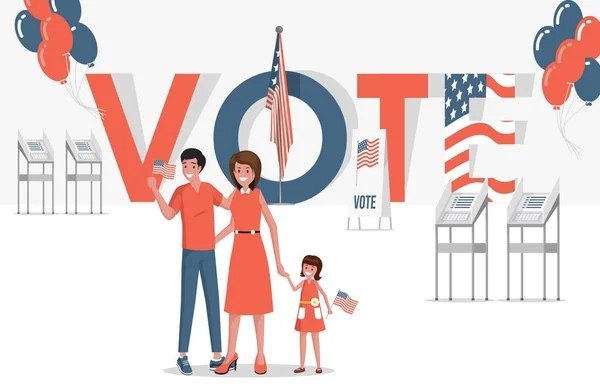 Ψηφίστε επίπεδο διάνυσμα σχέδιο. Χαρούμενη χαμογελαστή οικογένεια, ψηφίζοντας για τις εκλογές στις ΗΠΑ. Σχέδιο εκλογών για τη δημοκρατία. — Διανυσματικό Αρχείο